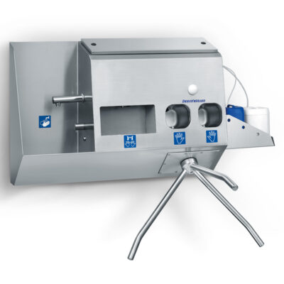 Entrance control with hand wash basin and hand dryers plus hand sanitiser