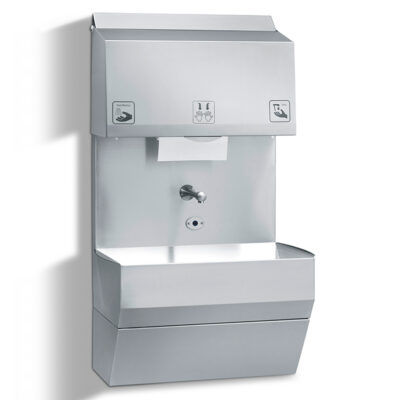 Sensor-activated hand wash basin with towel dispenser