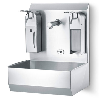 Sensor-activated hand wash basin with splash guard